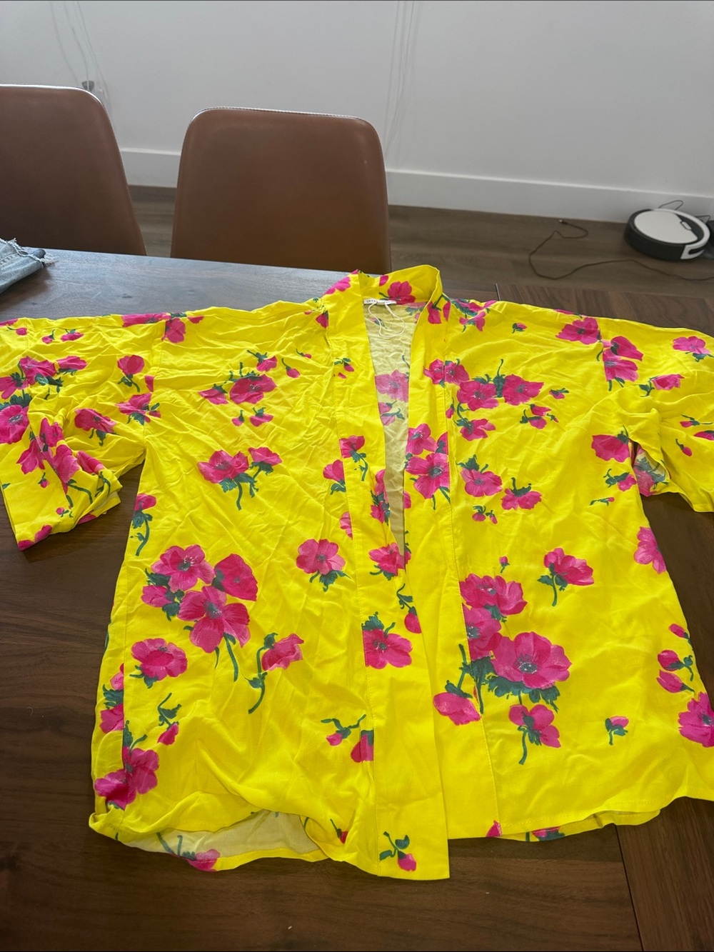 Warehouse Bright Yellow Kimono-Style Blouse with Pink Floral Print